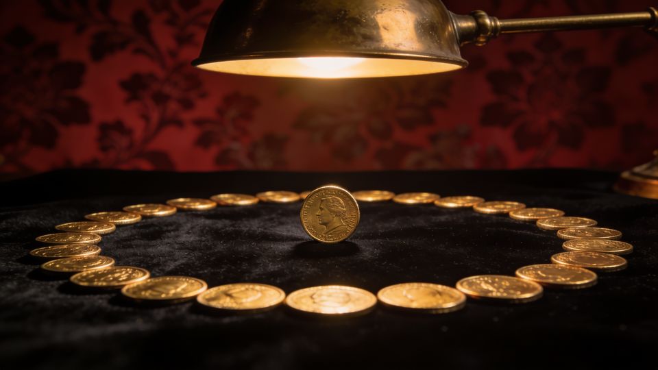 Ninety small gold coins in a circle with one standing in the centre