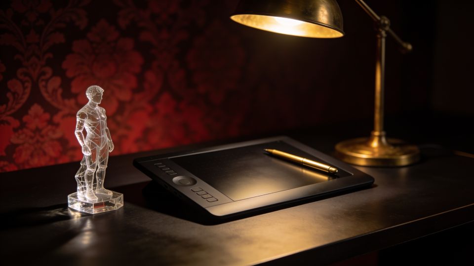 A black drawing tablet, a gold stylus and a crystal-glass figurine