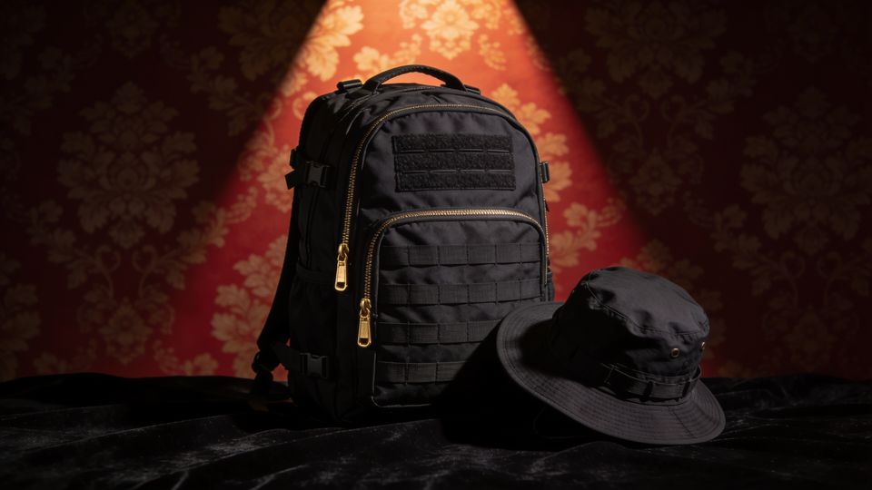 A black tactical backpack with gold zip pulls and a black boonie hat