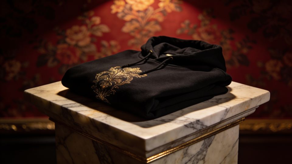 A black hooded sweatshirt with fine gold embroidery on a marble plinth