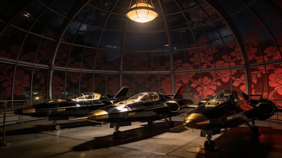 Three black and gold ships docked inside a glass dome hangar