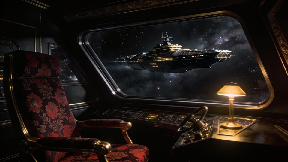 A black and gold freighter drifting past a dark nebula, seen from the bridge