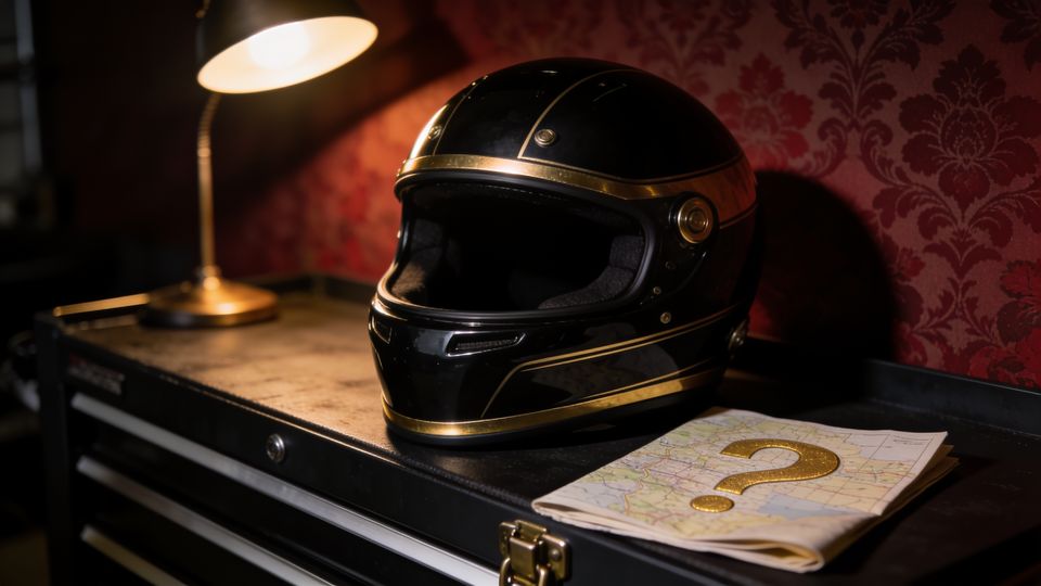 An empty black and gold racing helmet beside a folded map