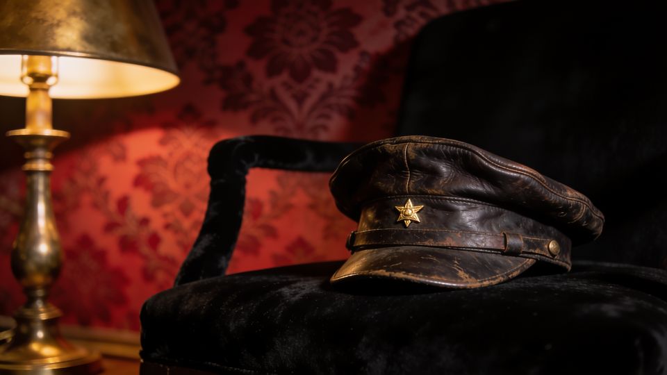 A worn leather veteran's cap with a gold pin on a velvet chair