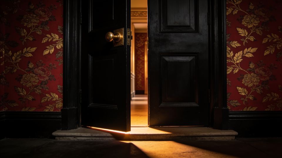 A heavy black front door with a gold knocker, open to warm light