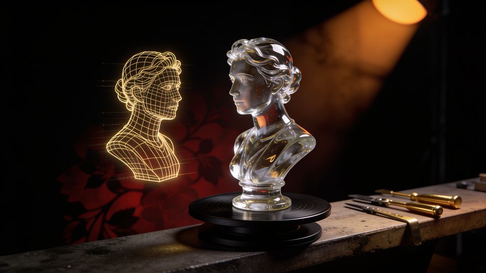 A liquid-glass bust and its gold wireframe hologram