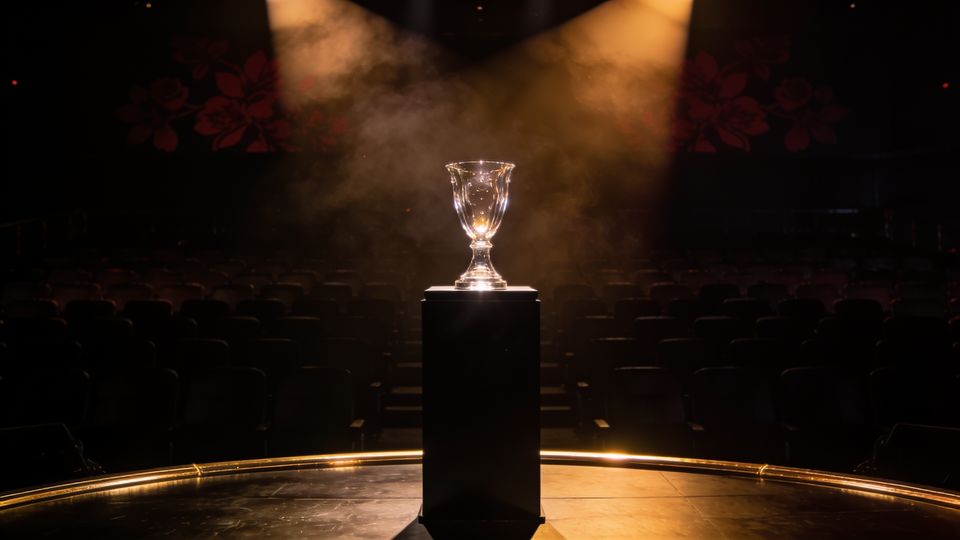 A liquid-glass trophy on an empty esports stage